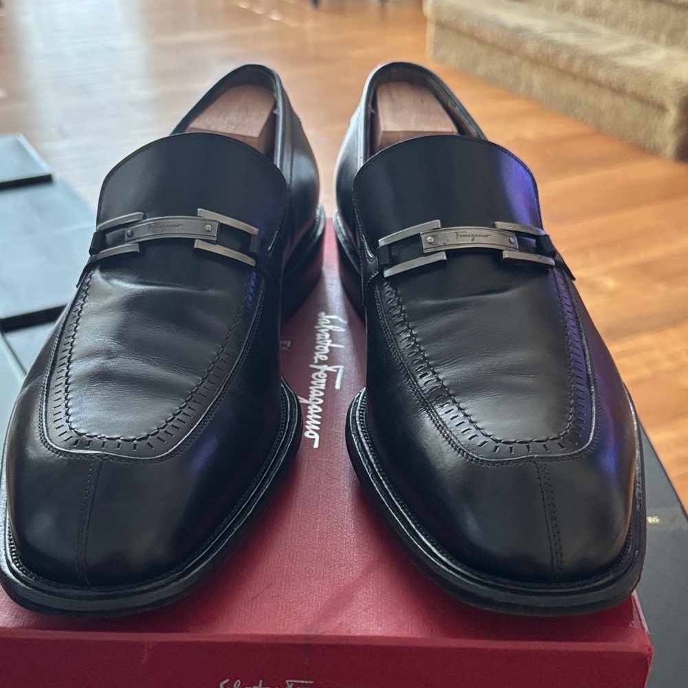 Salvatore Ferragamo Black Leather Loafers with Metal Accent